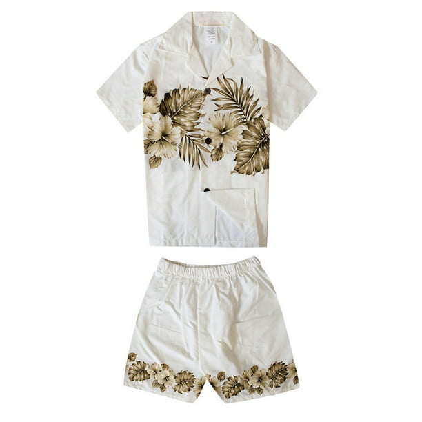 Made in Hawaii Luau Aloha Shirt and Shorts Boy Cabana Set Gloden Hibiscus Cross in